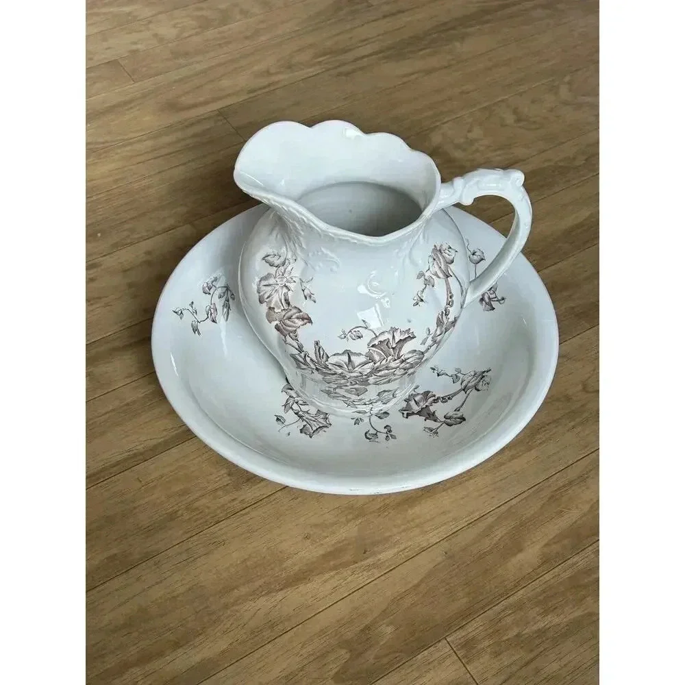 Antique Brown Transfer Ironstone Wash Bowl And Pitcher Morning Glory Pattern